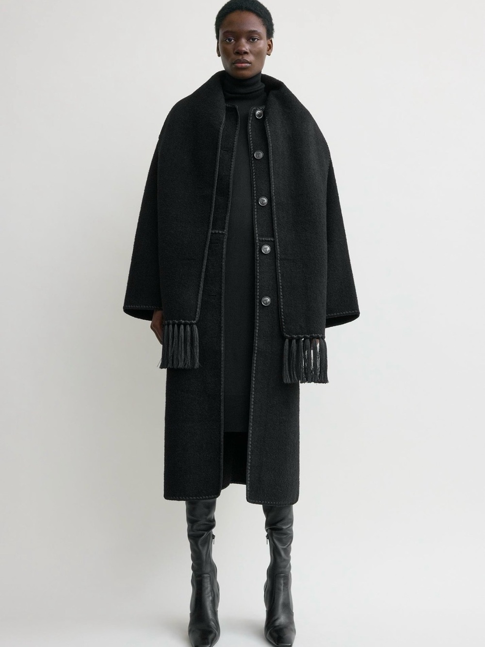 Toteme Black Long Wool Button Coat with Scarf - Picture 3 of 7